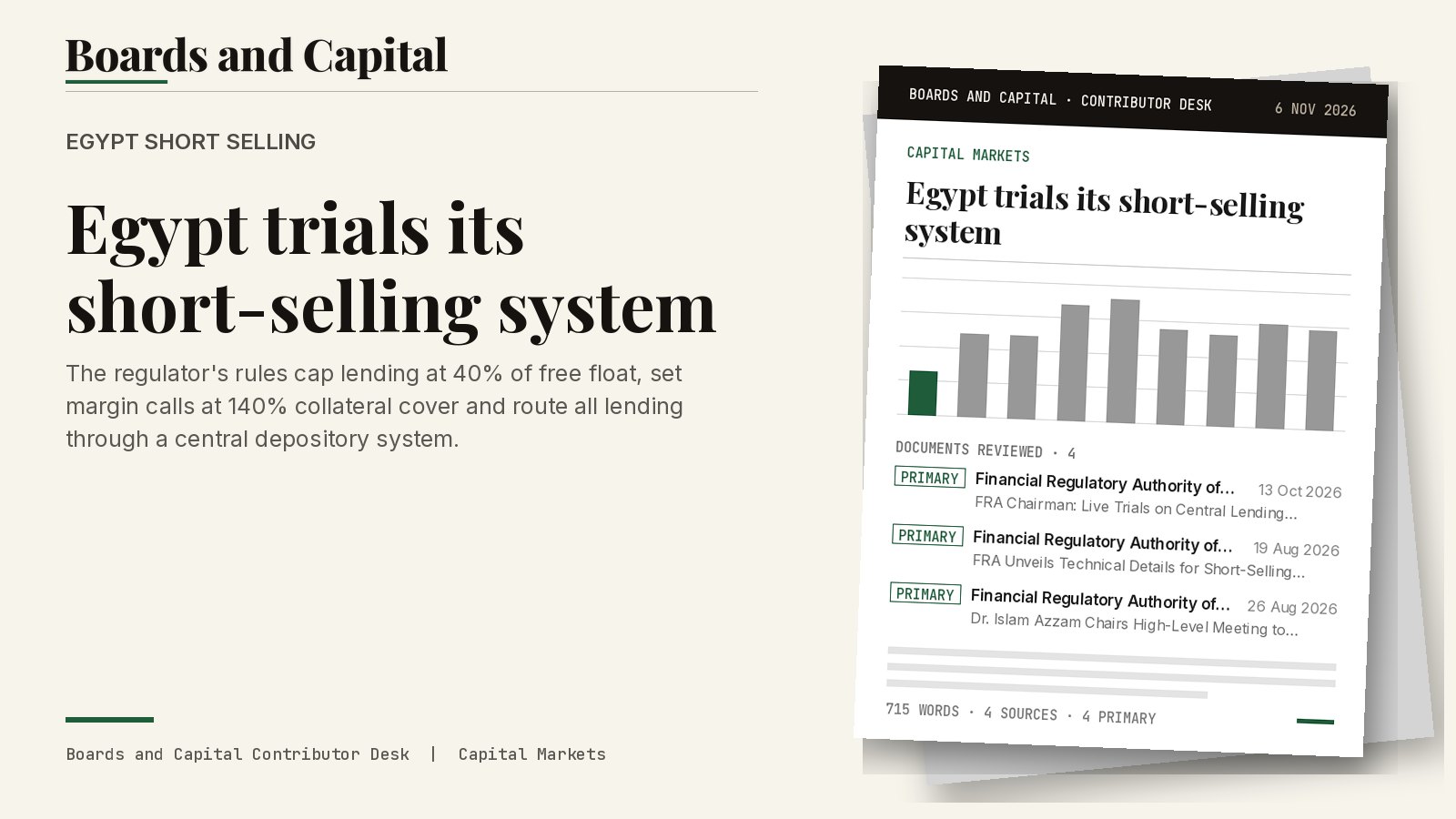 Cover card: Egypt short selling, Egypt trials its short-selling system