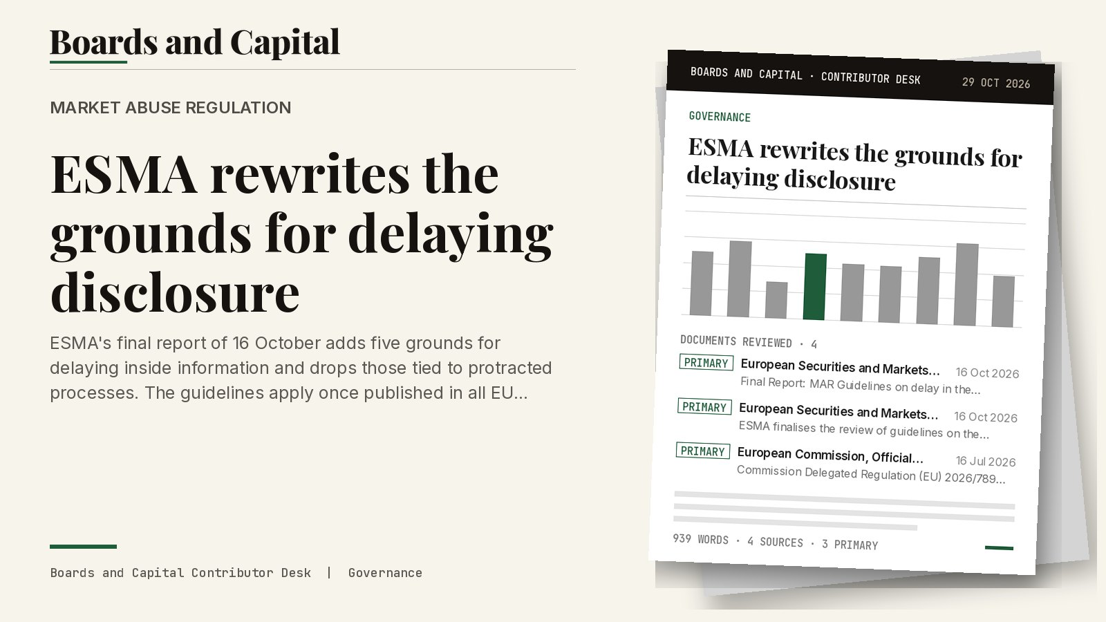 Cover card: Market Abuse Regulation, ESMA rewrites the grounds for delaying disclosure