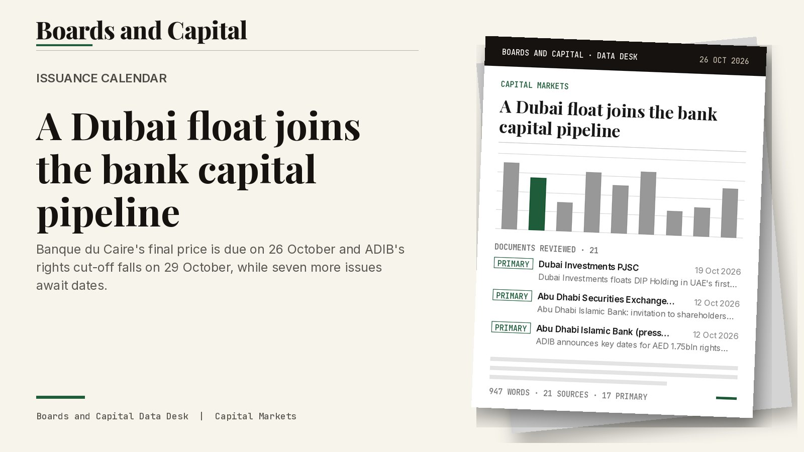 Cover card: Issuance Calendar, A Dubai float joins the bank capital pipeline