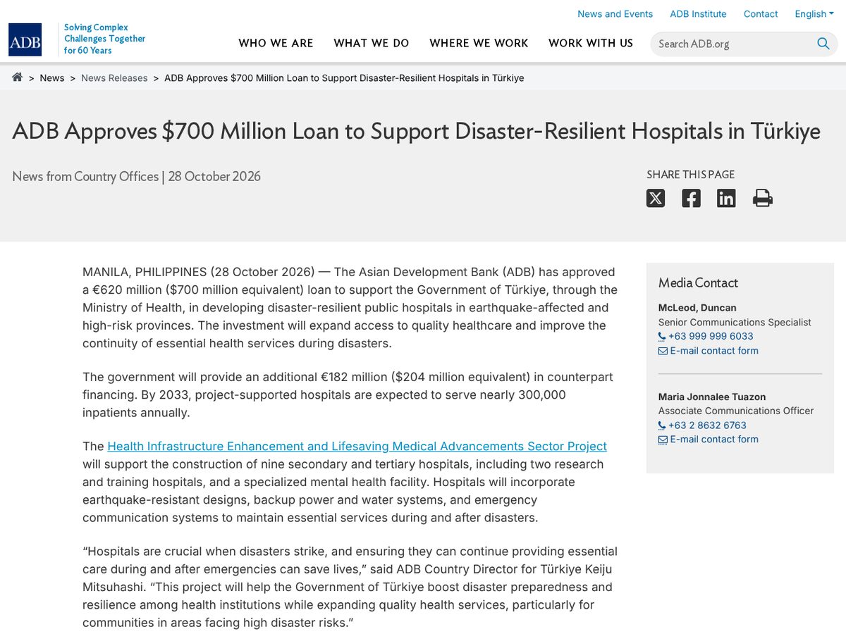 The page of ADB Approves $700 Million Loan to Support Disaster-Resilient Hospitals in Türkiye as published online