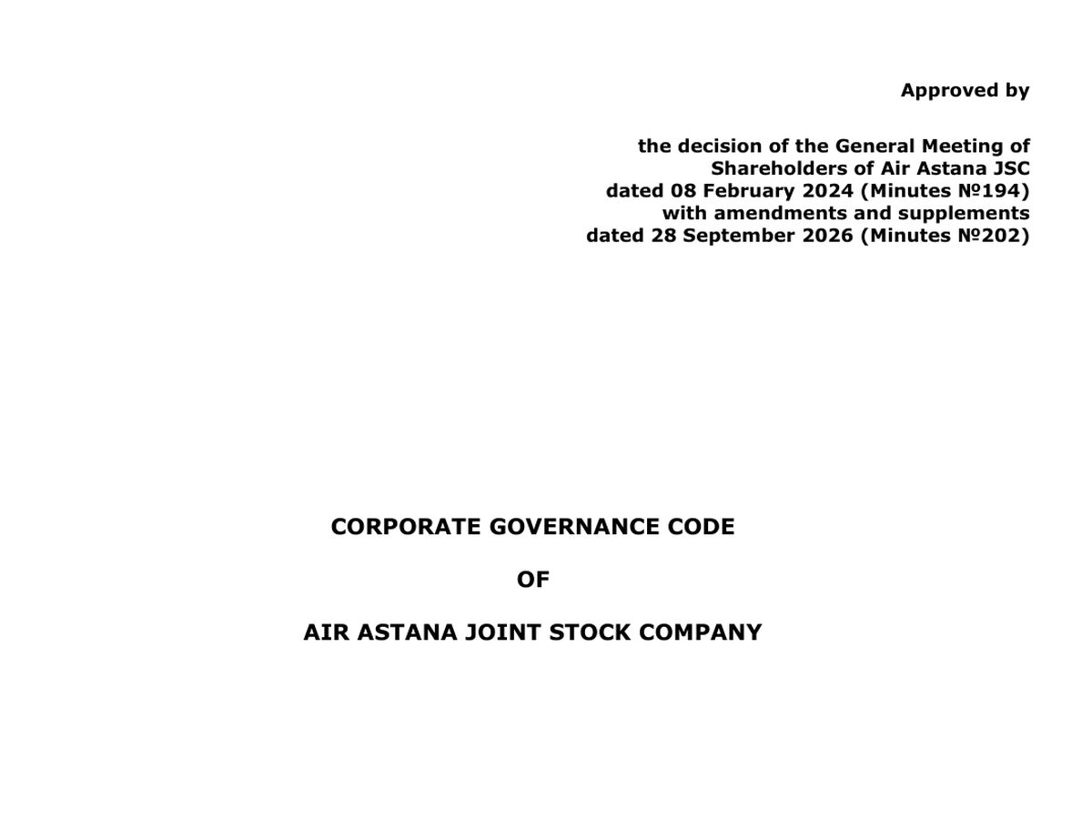 The top of the first page of Corporate Governance Code of Air Astana JSC, with amendments of 28 September 2026