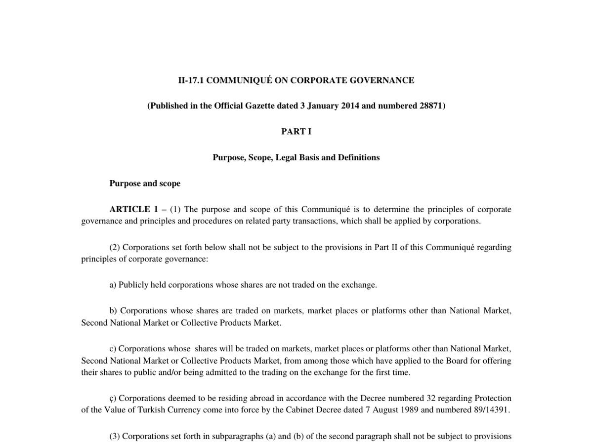 The top of the first page of Corporate Governance Communiqué (II-17.1), English translation, 3 January 2014