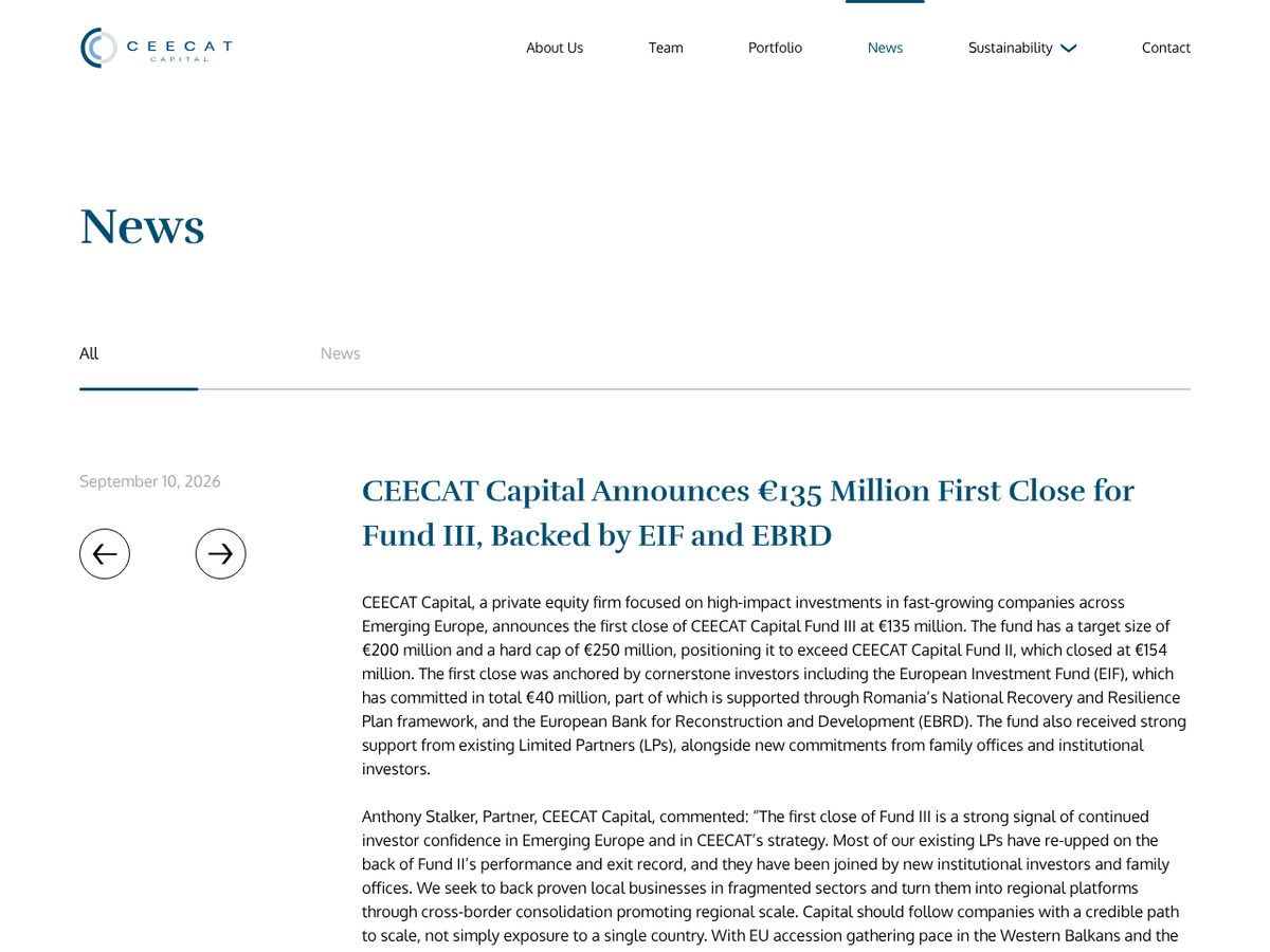 The page of CEECAT Capital Announces €135 Million First Close for Fund III, Backed by EIF and EBRD as published online