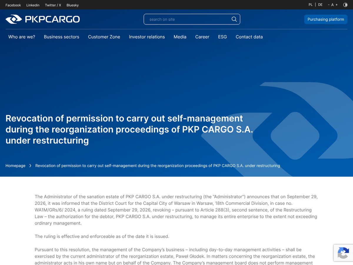 The page of Revocation of permission to carry out self-management during the reorganisation proceedings of PKP CARGO S.A. under restructuring (current report 79/2026) as published online