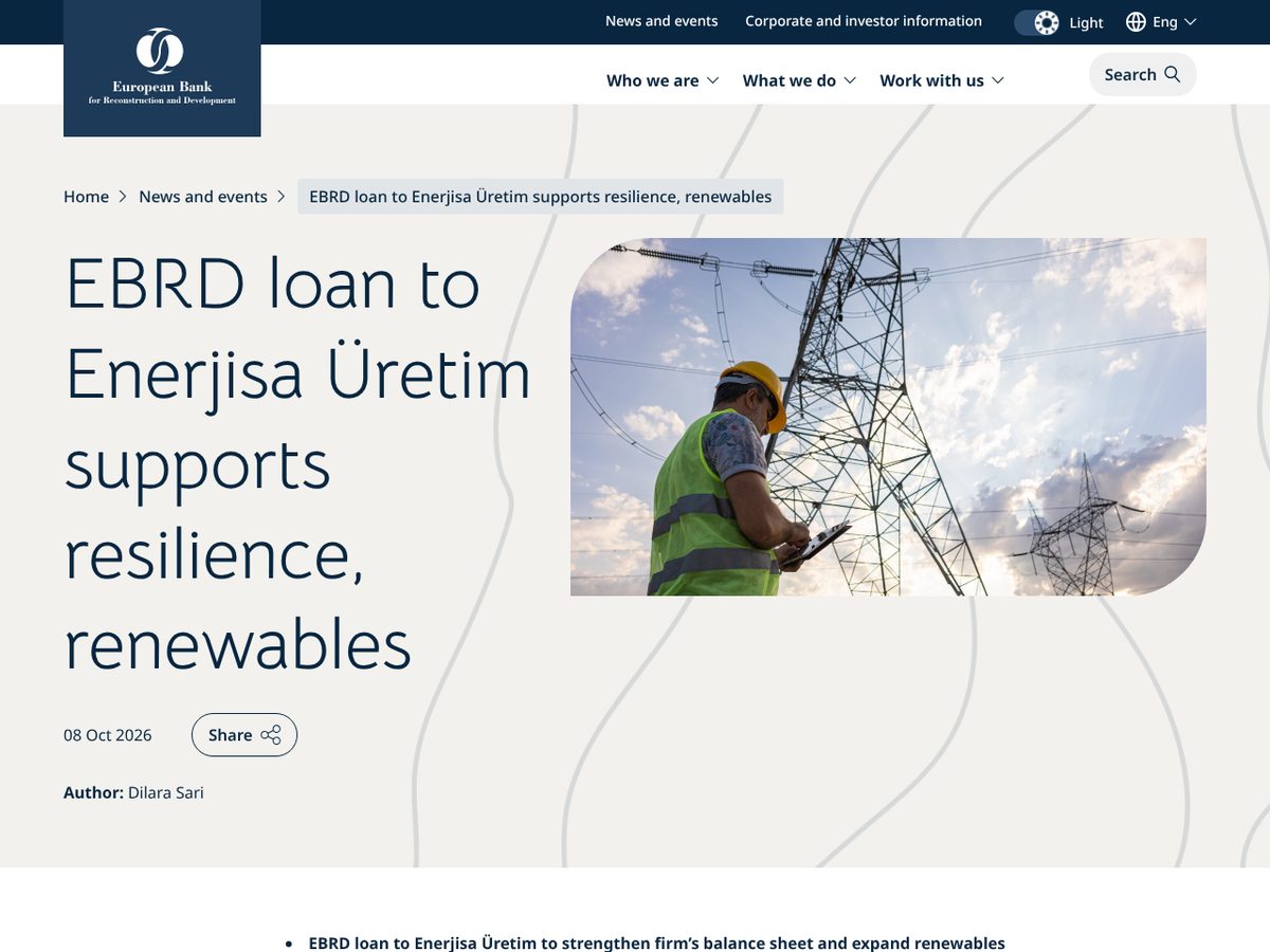 The page of EBRD loan to Enerjisa Üretim to strengthen firm's balance sheet and expand renewables as published online