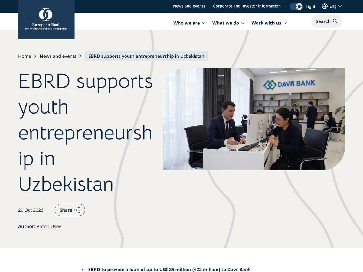 The page of EBRD supports youth entrepreneurship in Uzbekistan as published online