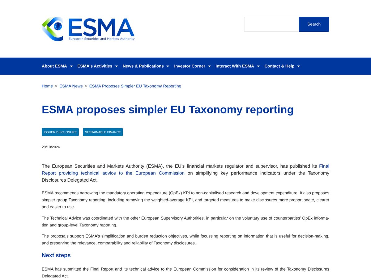 The page of ESMA proposes simpler EU Taxonomy reporting as published online