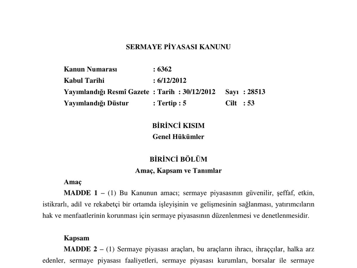 The top of the first page of Sermaye Piyasası Kanunu (Law 6362)