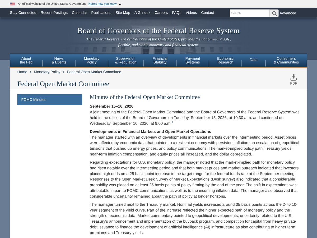 The page of Minutes of the Federal Open Market Committee, September 15-16, 2026 as published online