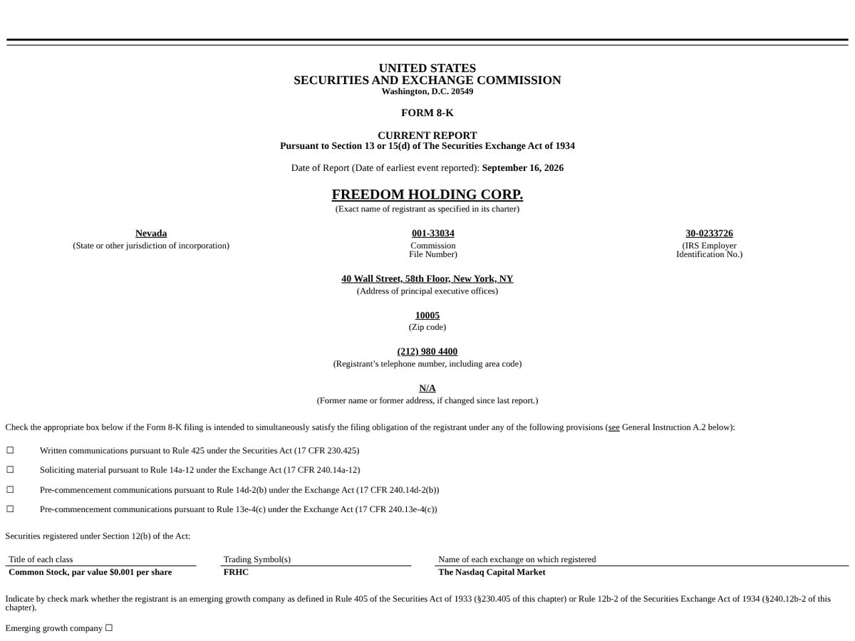 The page of Freedom Holding Corp. Form 8-K, Item 5.07: results of the 2026 annual meeting, 17 September 2026 as published online