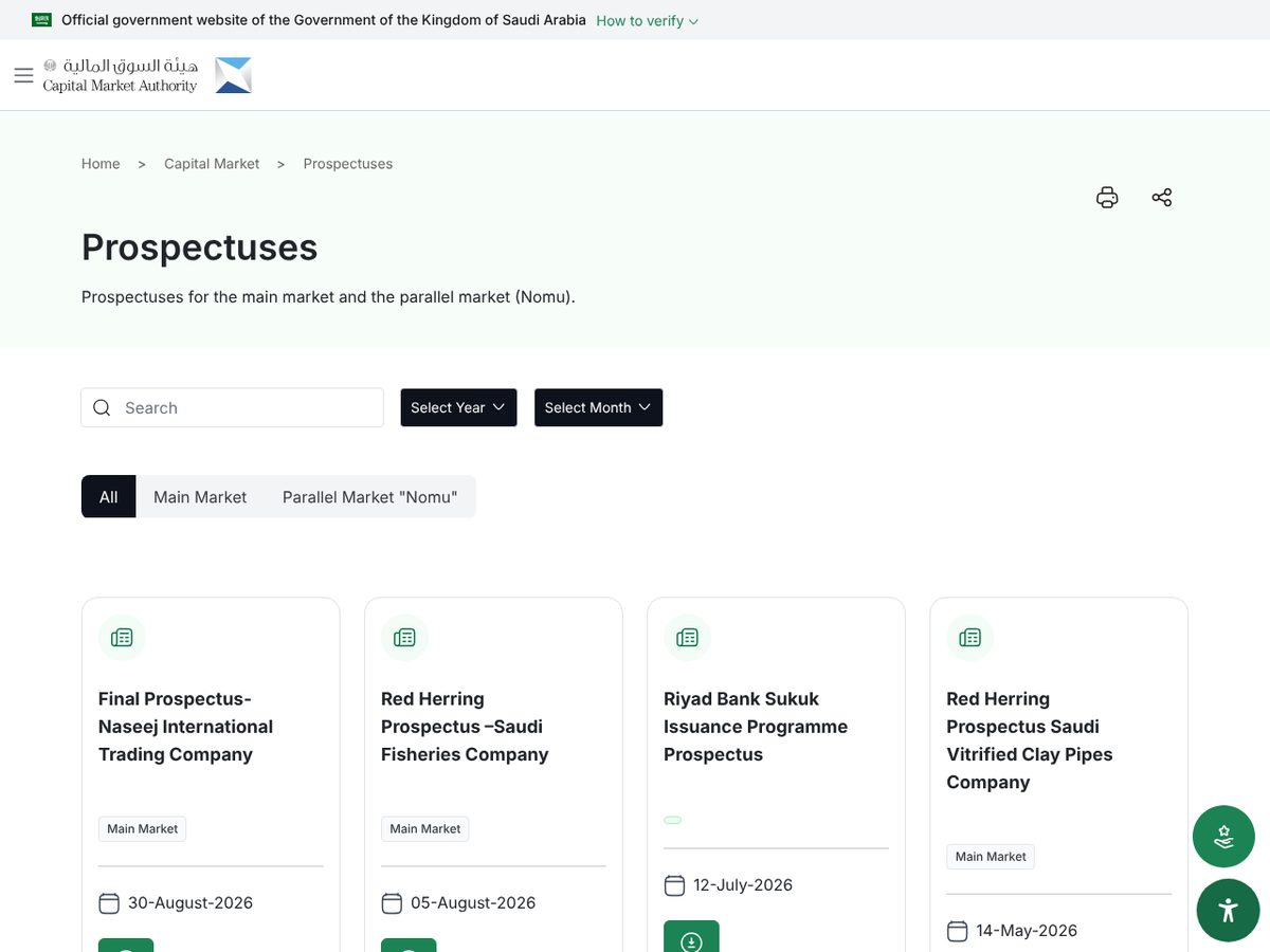 The page of Prospectuses (register) as published online