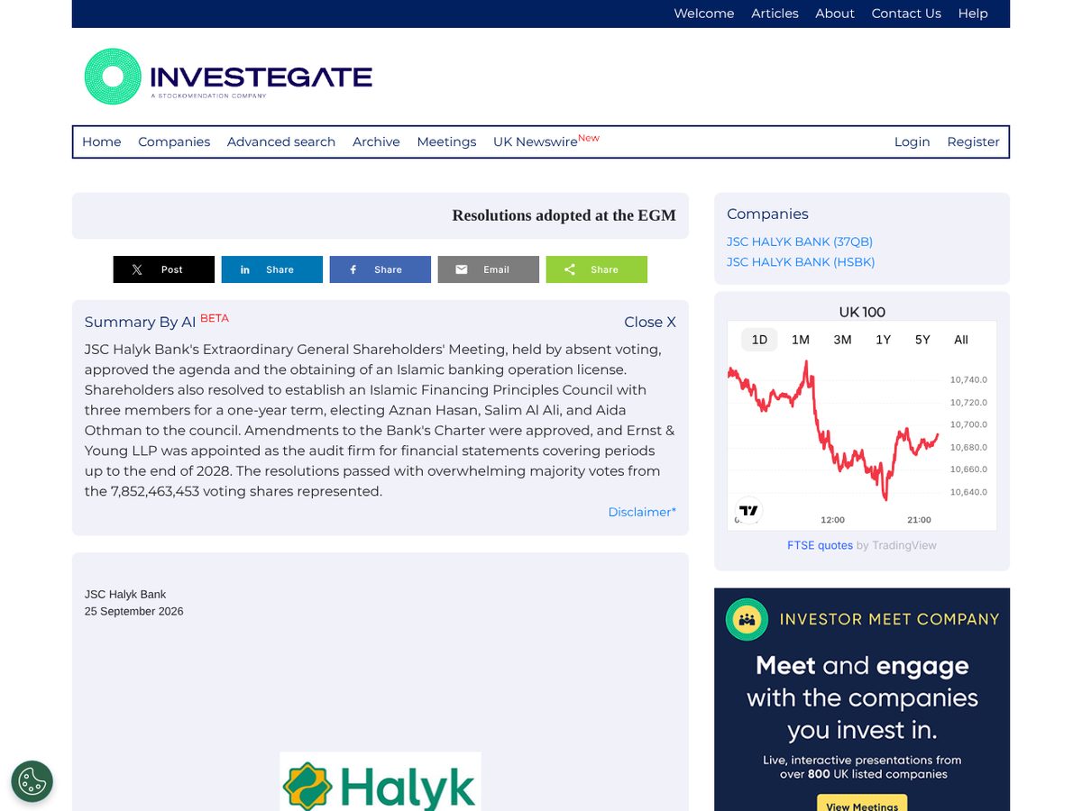 The page of Halyk Bank: Resolutions adopted at the EGM, 25 September 2026 as published online
