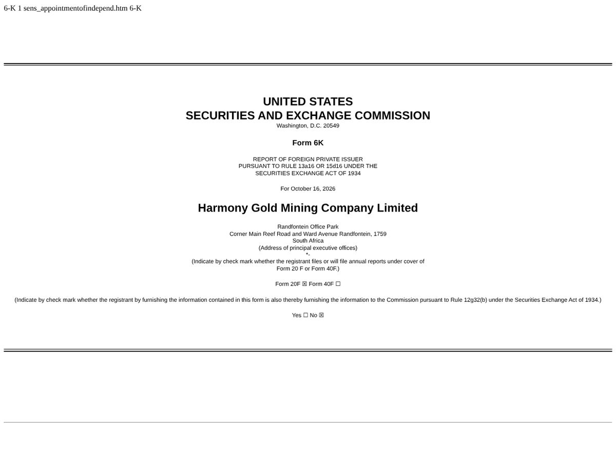 The page of Harmony Gold: Appointment of Independent Non-Executive Directors, 16 October 2026 (Form 6-K) as published online