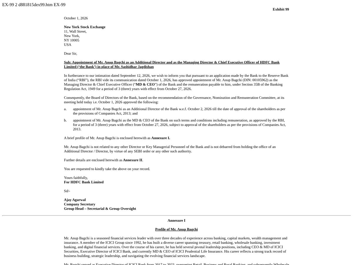 The page of HDFC Bank Form 6-K exhibit: Appointment of Mr. Anup Bagchi, 1 October 2026 as published online