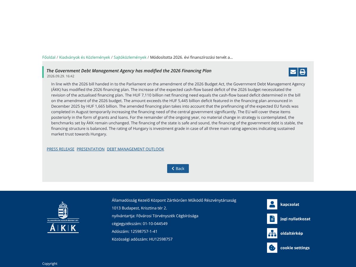 The page of The Government Debt Management Agency has modified the 2026 Financing Plan as published online