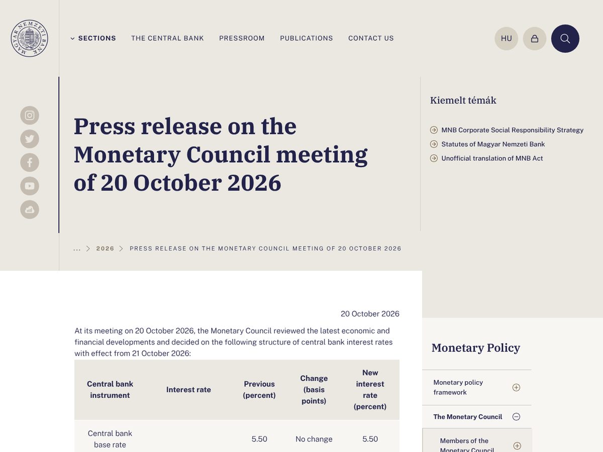 The page of Press release on the Monetary Council meeting of 20 October 2026 as published online