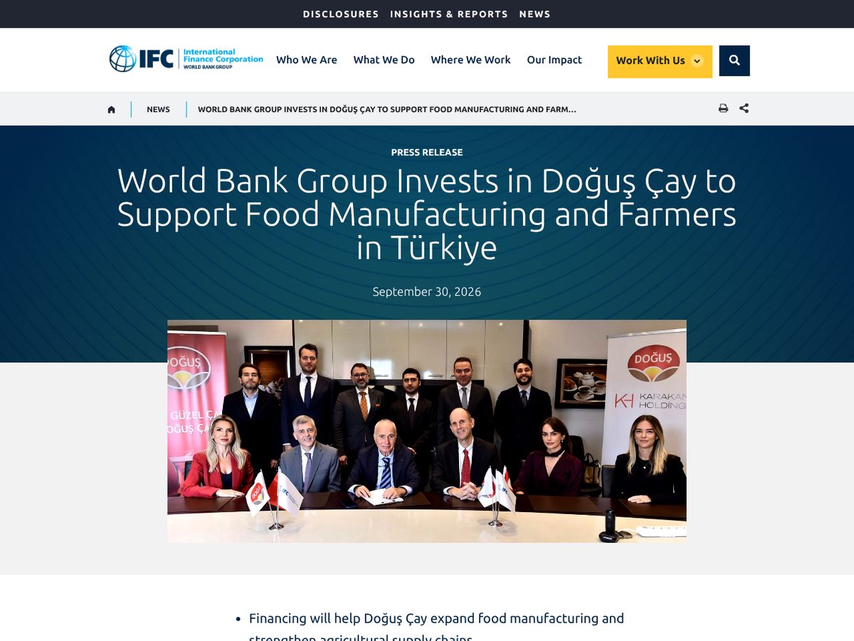 The page of World Bank Group Invests in Doğuş Çay to Support Food Manufacturing and Farmers in Türkiye as published online