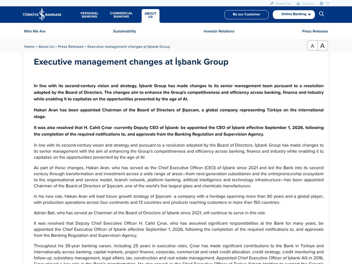 The page of Executive management changes at İşbank Group, 7 August 2026 as published online