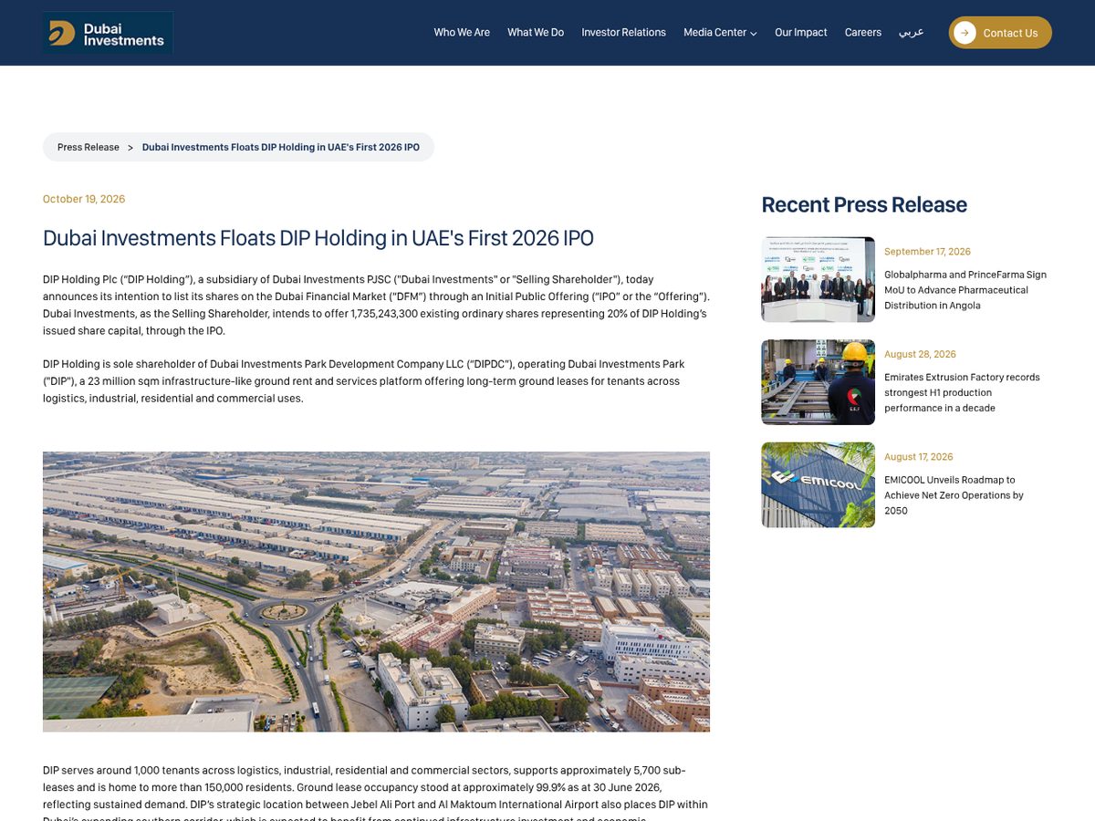 The page of Dubai Investments floats DIP Holding in UAE's first 2026 IPO as published online