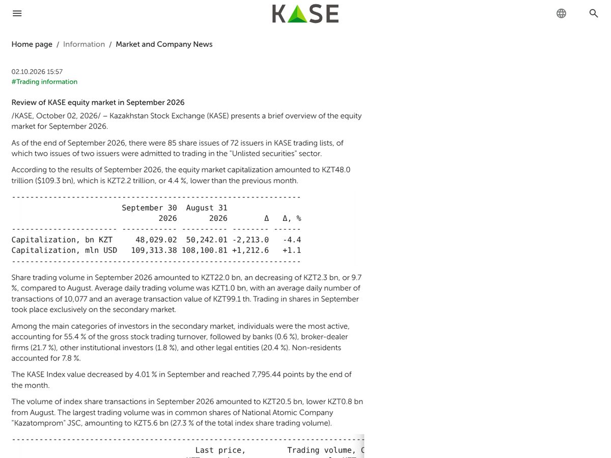 The page of Review of KASE equity market in September 2026 as published online