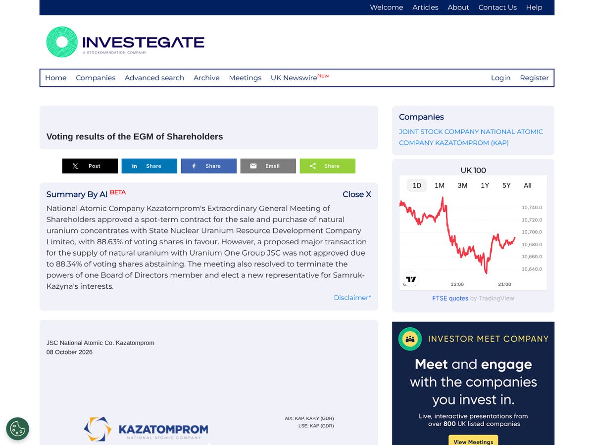 The page of Kazatomprom: Voting results of the EGM of Shareholders, 8 October 2026 as published online