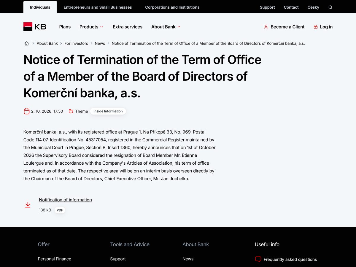 The page of Notice of Termination of the Term of Office of a Member of the Board of Directors of Komerční banka, a.s. as published online