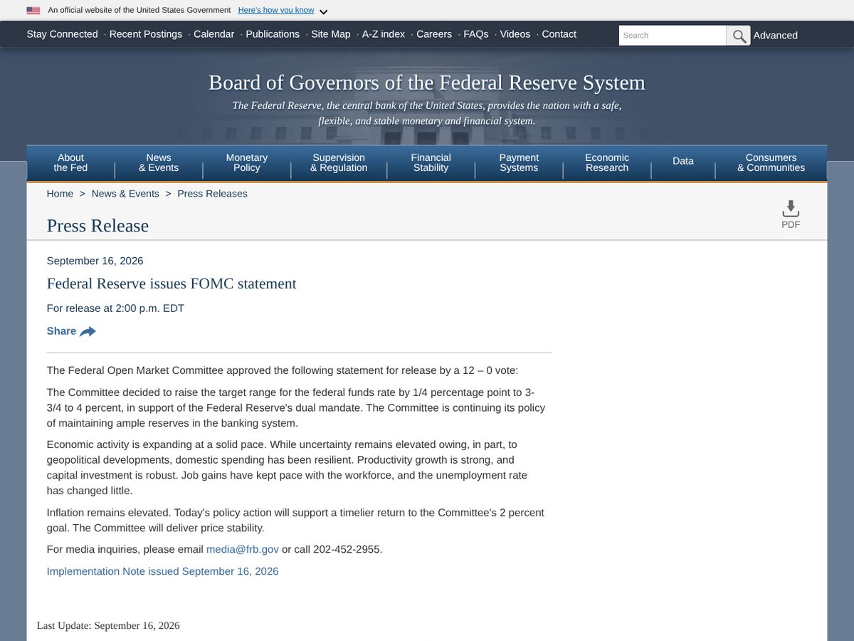The page of Federal Reserve issues FOMC statement as published online