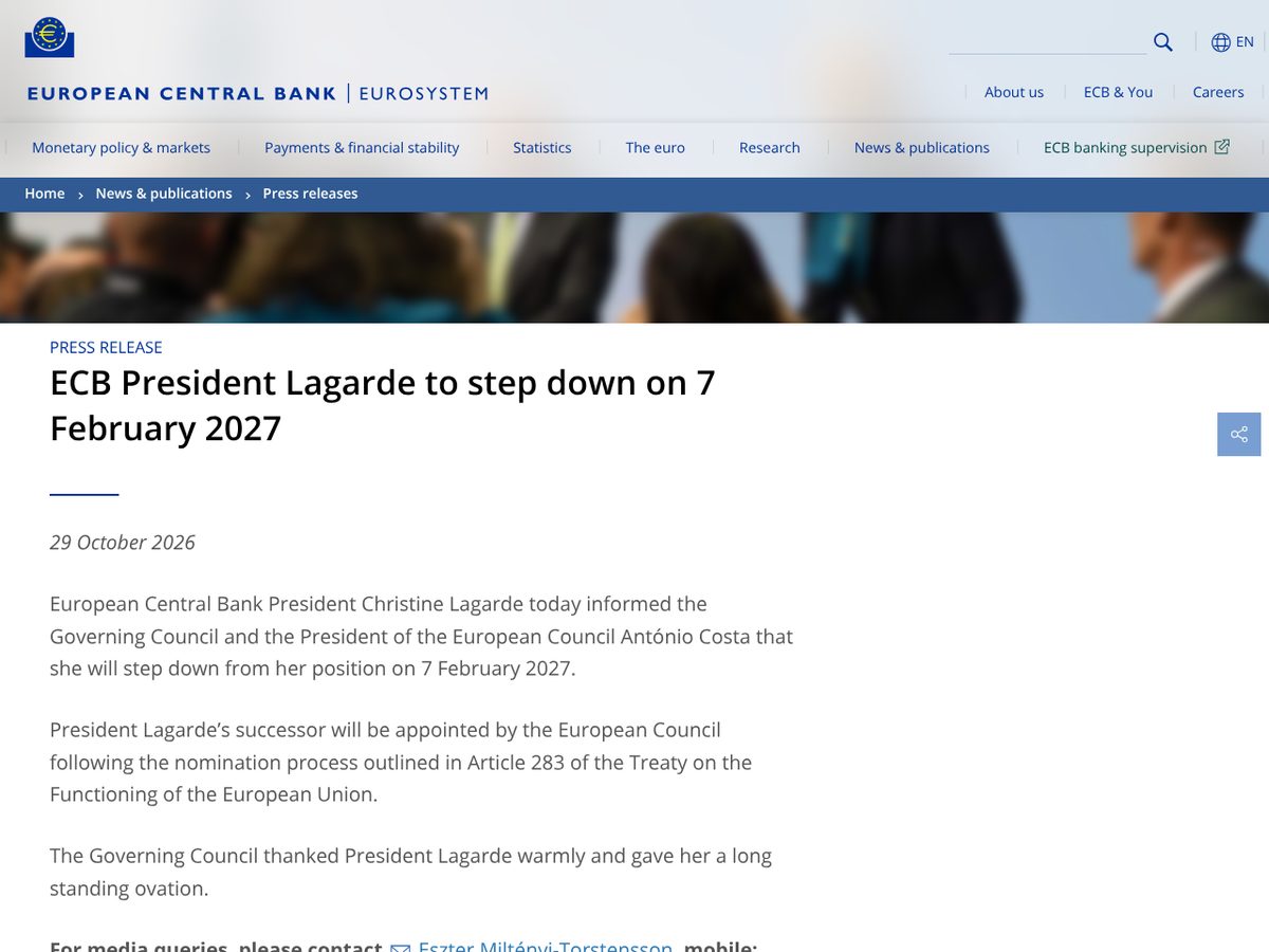 The page of ECB President Lagarde to step down on 7 February 2027 as published online