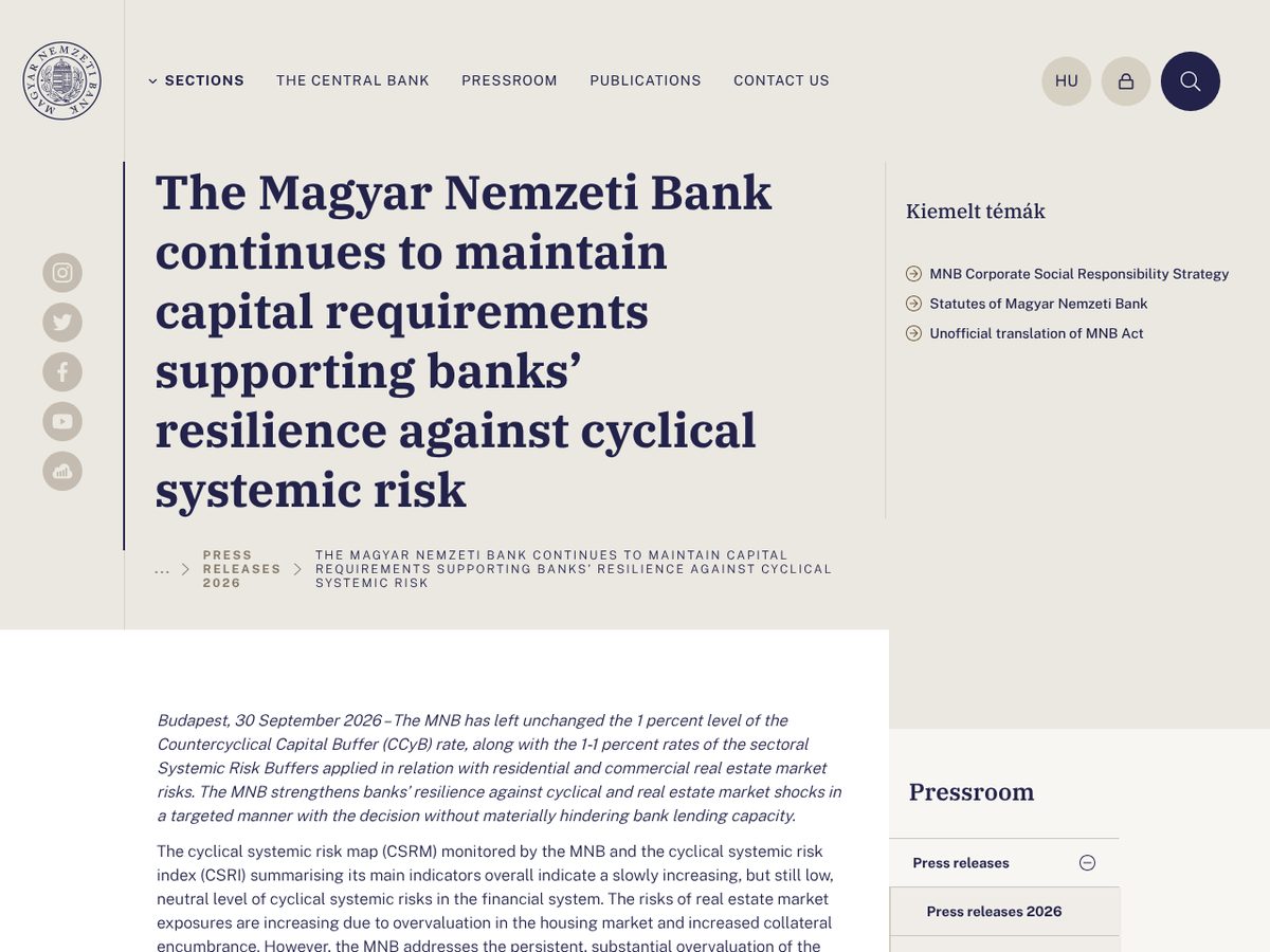 The page of The Magyar Nemzeti Bank continues to maintain capital requirements supporting banks' resilience against cyclical systemic risk as published online
