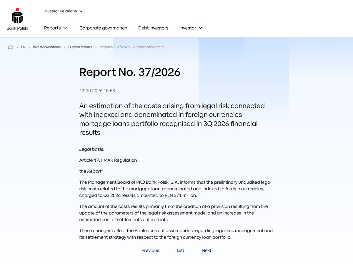 The page of Report No. 37/2026: An estimation of the costs arising from legal risk connected with indexed and denominated in foreign currencies mortgage loans portfolio recognised in 3Q 2026 financial results as published online