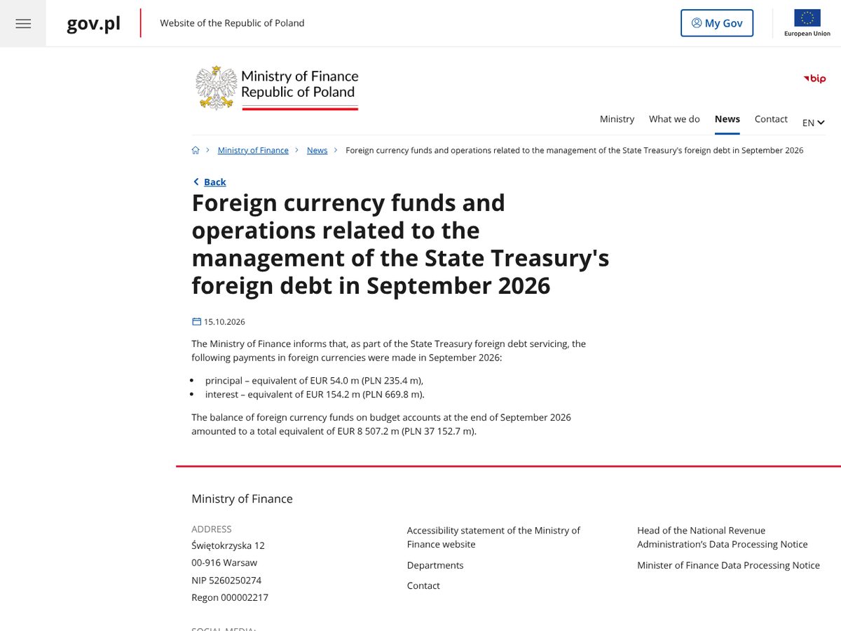 The page of Foreign currency funds and operations related to the management of the State Treasury's foreign debt in September 2026 as published online