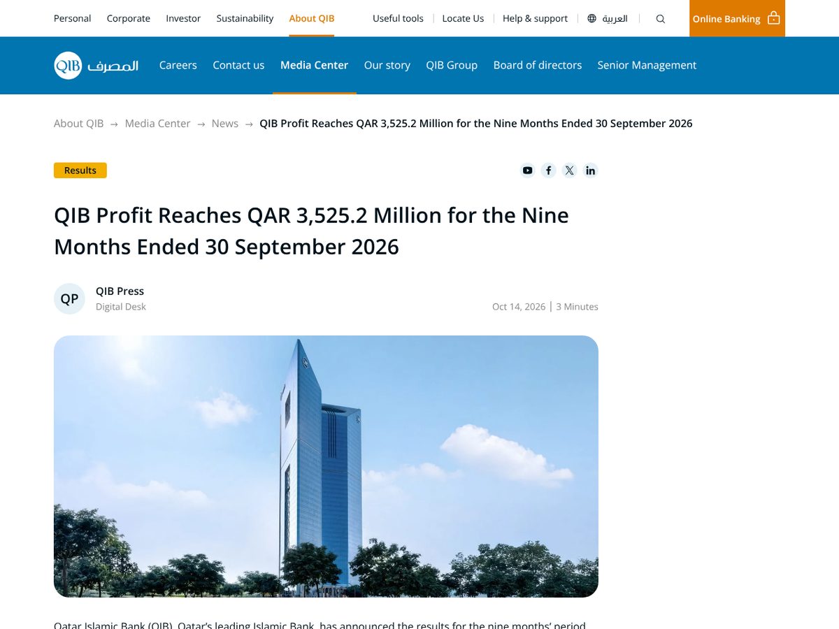 The page of QIB Profit Reaches QAR 3,525.2 Million for the Nine Months Ended 30 September 2026 as published online