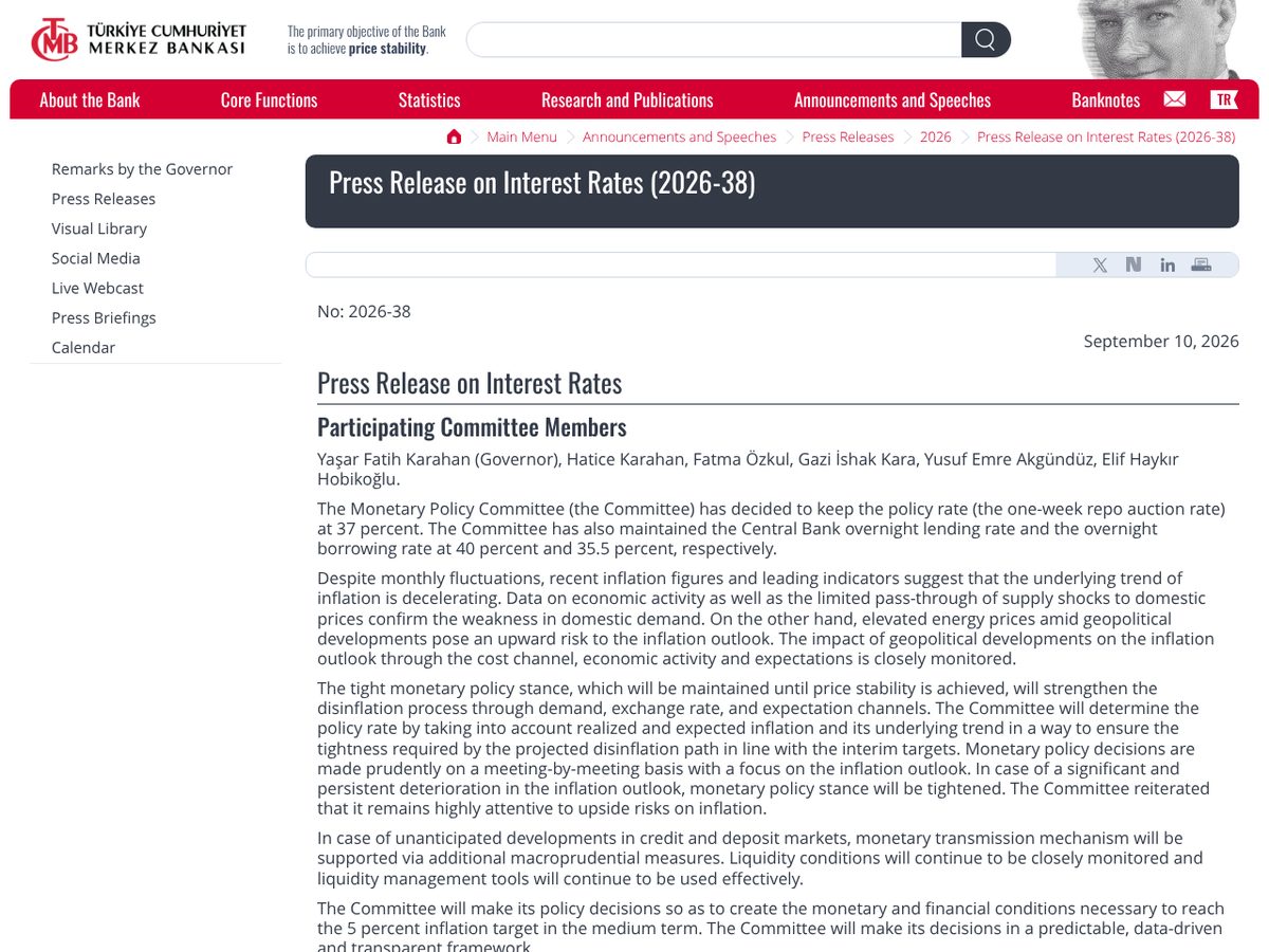 The page of Press Release on Interest Rates (2026-38) as published online
