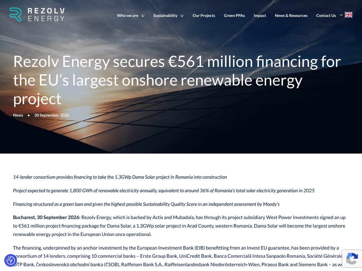 The page of Rezolv Energy secures €561 million financing for the EU's largest onshore renewable energy project as published online