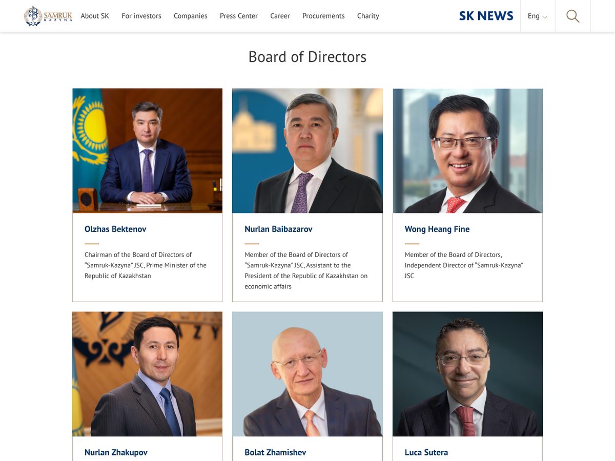 The page of Board of Directors, Samruk-Kazyna JSC as published online