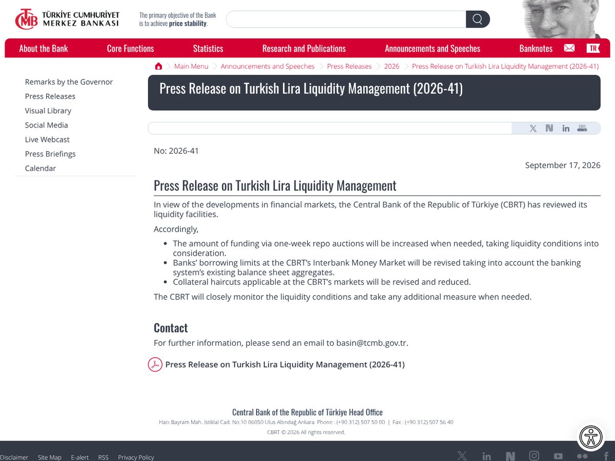 The page of Press Release on Turkish Lira Liquidity Management (2026-41) as published online