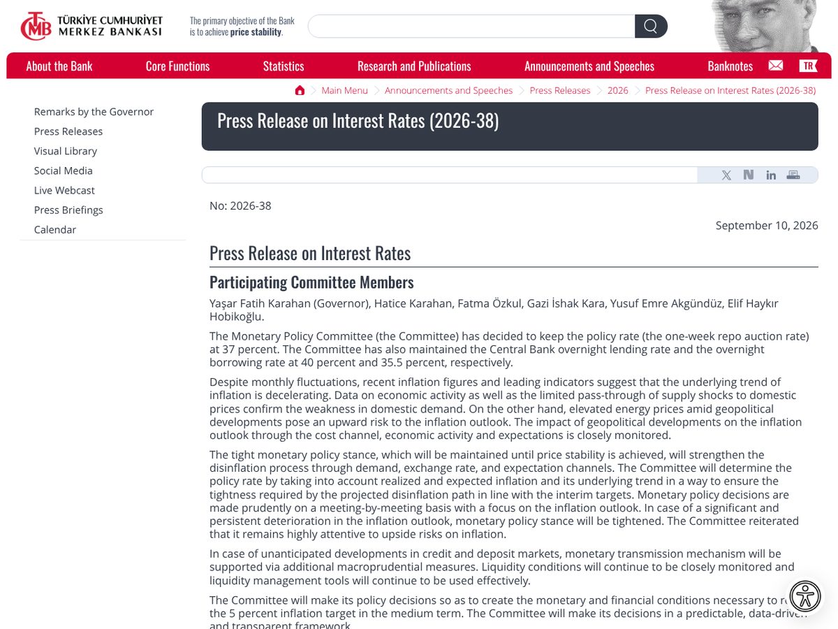 The page of Press Release on Interest Rates (2026-38) as published online