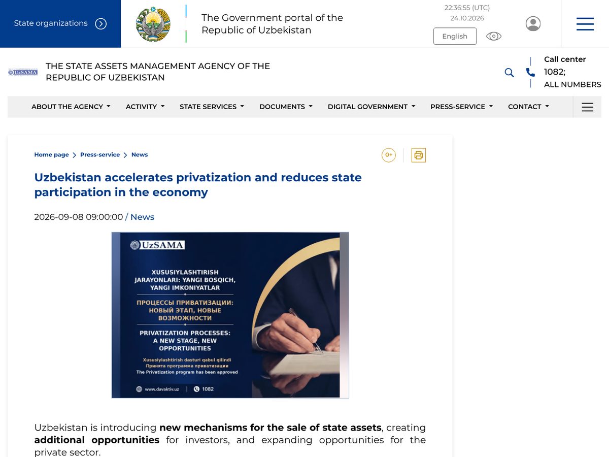 The page of Uzbekistan accelerates privatization and reduces state participation in the economy as published online