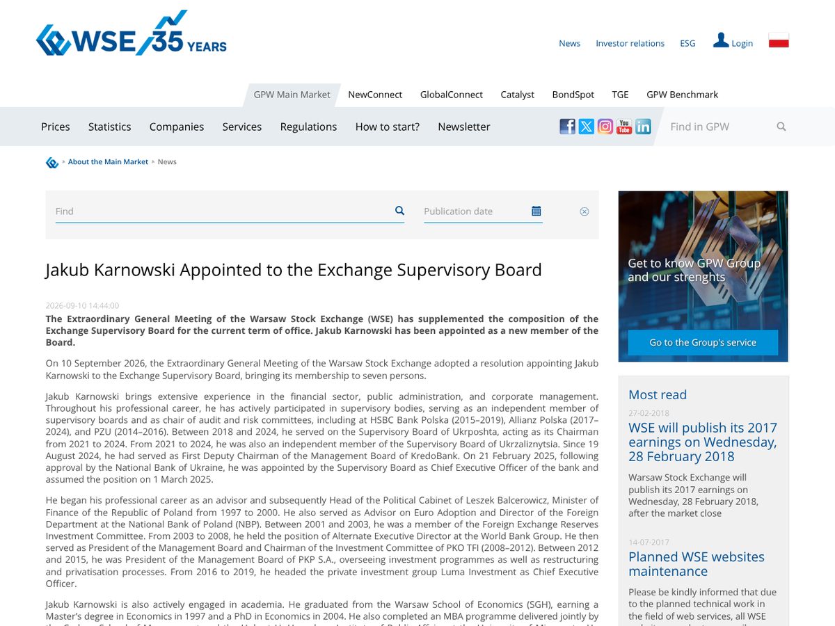 The page of Jakub Karnowski Appointed to the Exchange Supervisory Board as published online