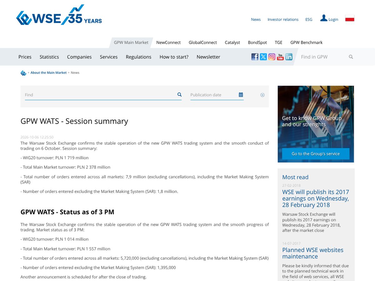 The page of GPW WATS - Session summary as published online