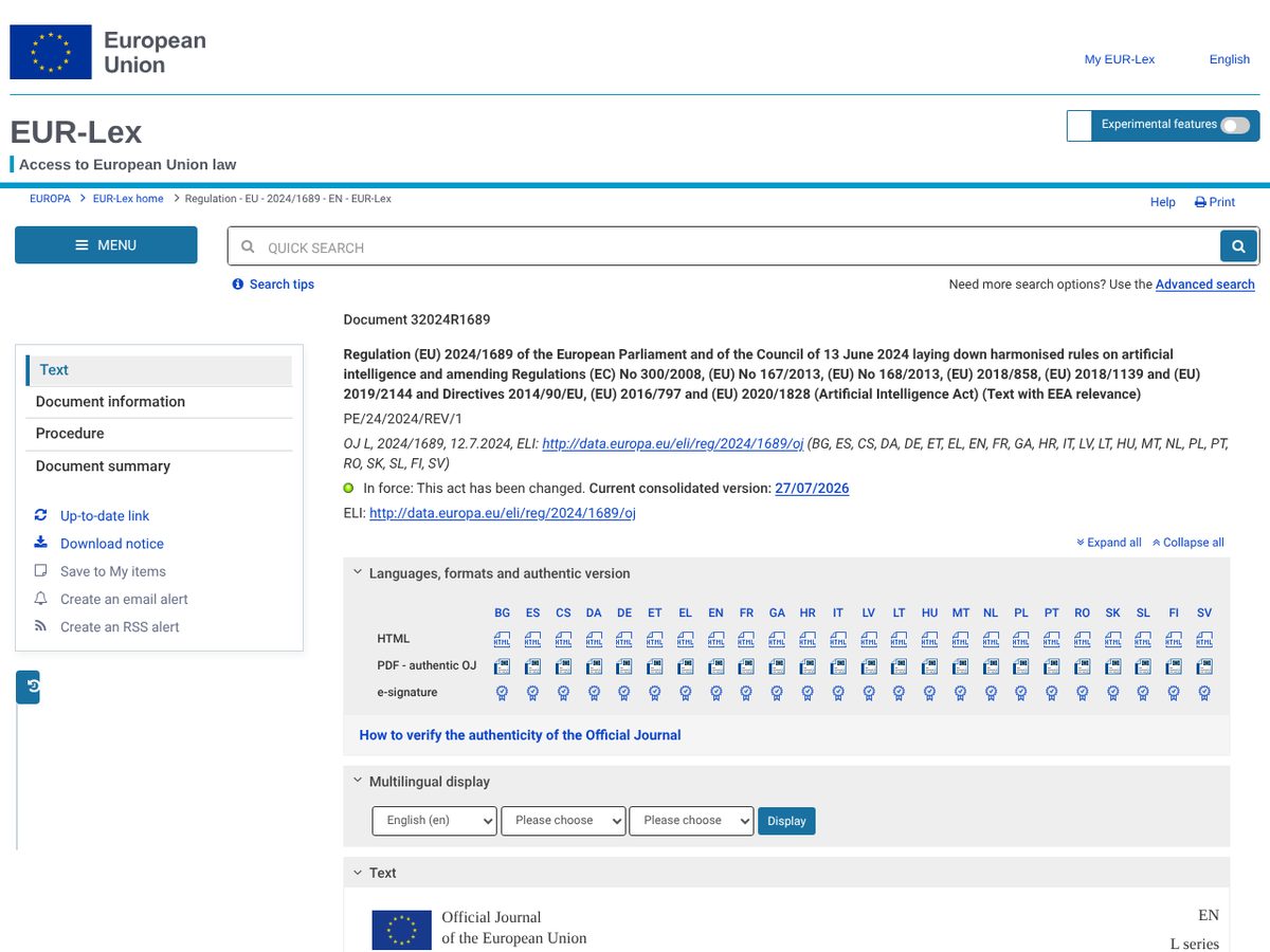 The page of Regulation (EU) 2024/1689, Article 113: entry into force and application as published online